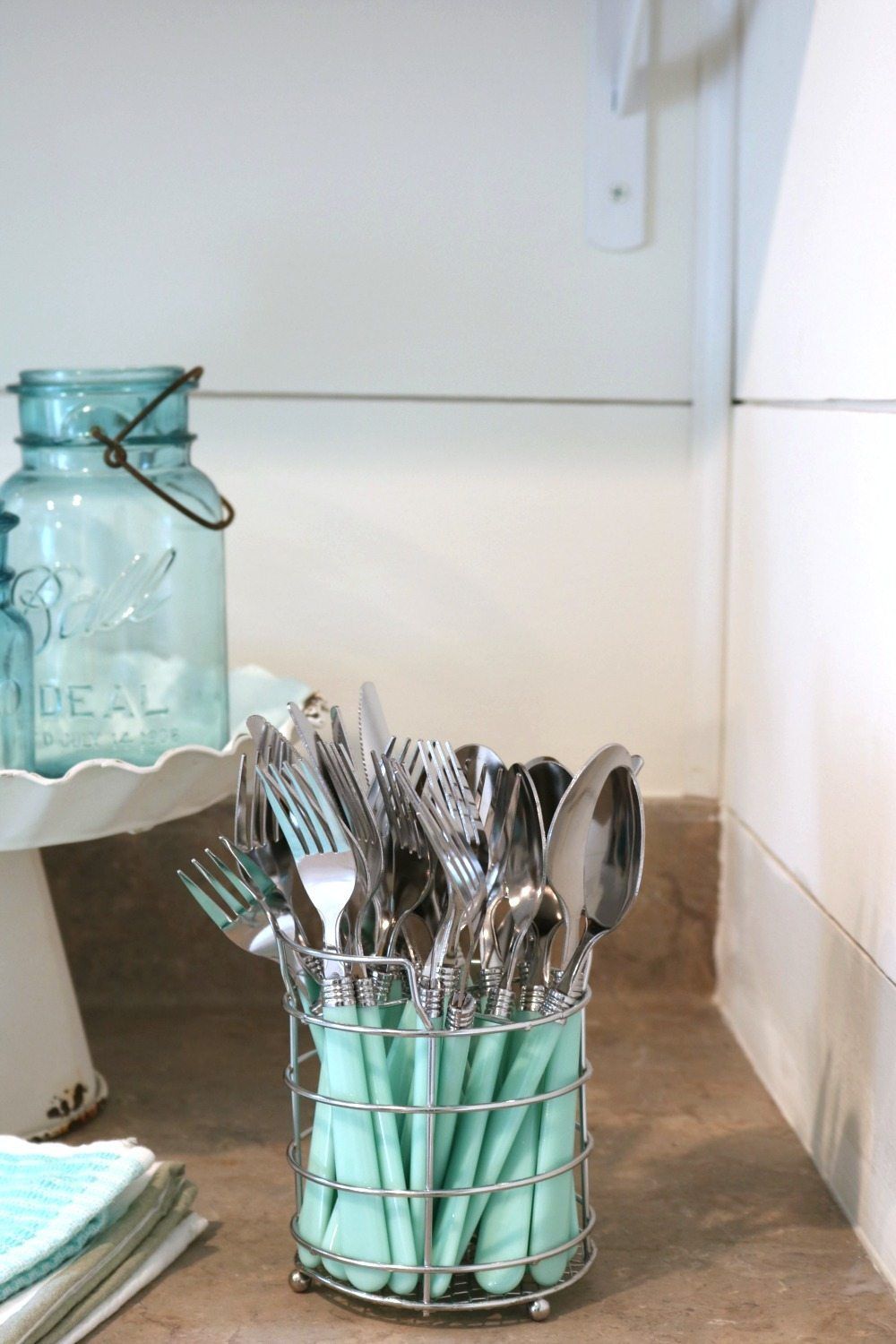 Set of turquoise aqua silverware from Hobby Lobby perfect for summer at Refresh Restyle farmhouse cottage