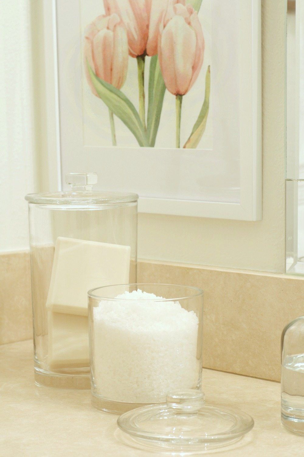 Bath salts and bath bars in glass storage