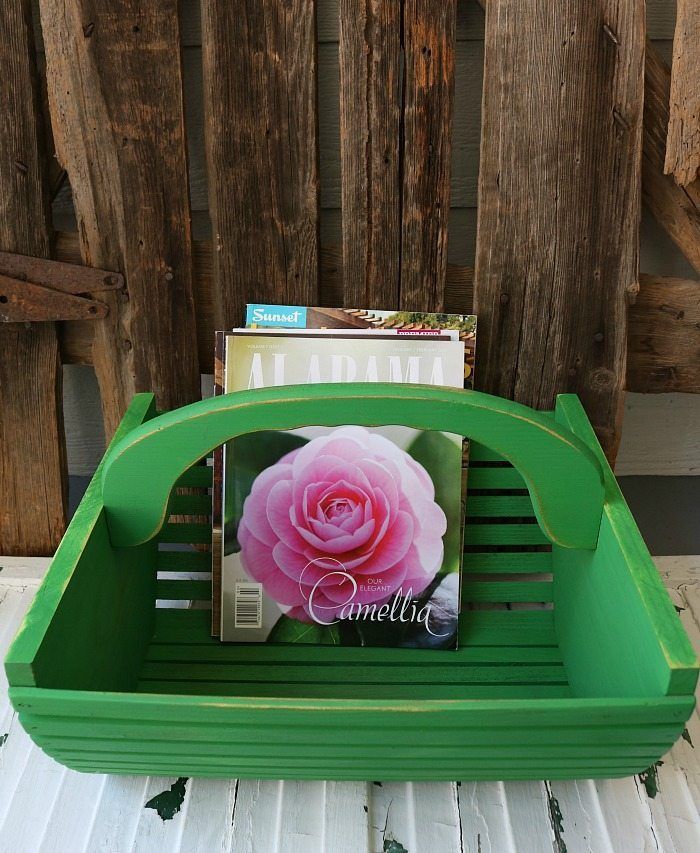 Green farmhouse tote made from a repurposed thrifty find great for magazines